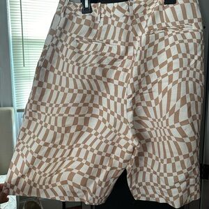 Multicolor funky checker print linen bermuda pants